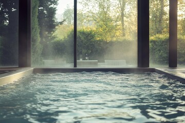 Steaming indoor hot tub overlooking tranquil garden
