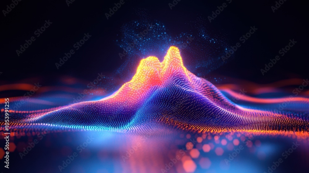 Poster colorful wave patterns illuminate a digital landscape of peaks and valleys during a dynamic light di