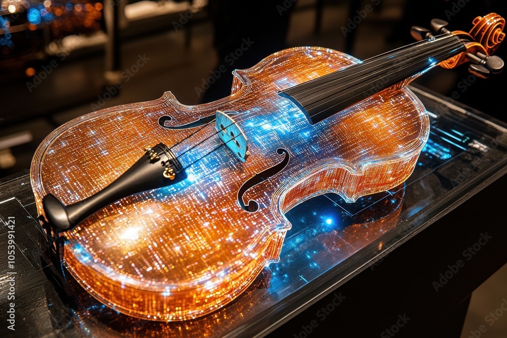 Poster a luminous violin resting on display, showcasing intricate patterns and vibrant colors in an artisti