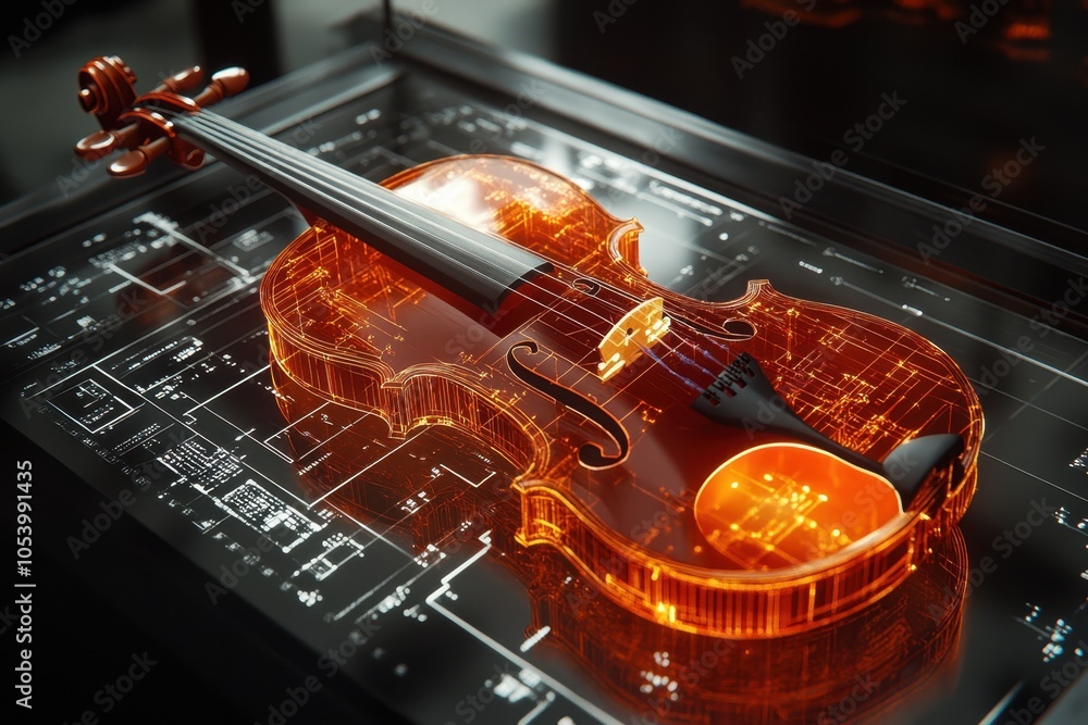 Poster an illuminated violin rests on a blueprint display, capturing a fusion of classical music and modern