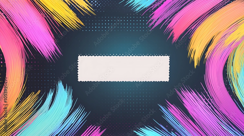 Poster Abstract colorful brushstrokes with a white rectangular space in the center on a dark background.