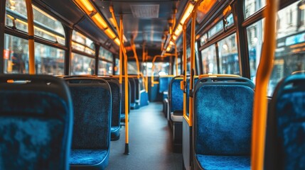 Fototapeta premium A spacious public bus interior with blue upholstered seats and overhead handles, offering a clean and modern look. Free space for text.