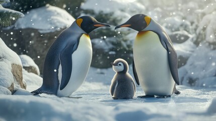 Obraz premium Penguins in the snow, parents and chick sharing a moment of family unity in a snowy setting.