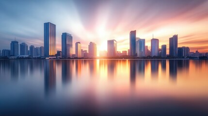 Obraz premium A striking image of city buildings blurred in motion, reflecting on water during sunset, evoking a sense of peace and urban elegance.