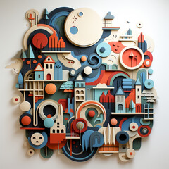 Obraz premium Origami representing an abstract city, art on colored cut paper, mural of houses, churches, buildings, wind, moon, sun, trees, clouds.