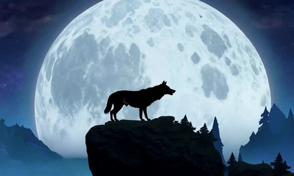 Fantasy cinematic epic landscape. With a wolf howling on a rock. Epic moon in the sky. Generative AI