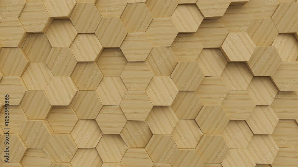 Aufkleber Abstract moving wooden hexagonal structure. Bee hive grid blocks. 3d render animation loop