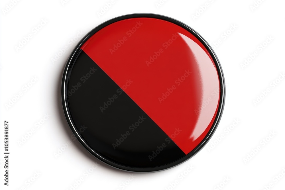 Poster red and black flag with a white background. the flag is circular and has a black stripe on the left 