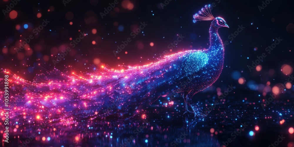 Poster a vivid peacock gracefully walks through a colorful realm filled with twinkling lights and shimmerin