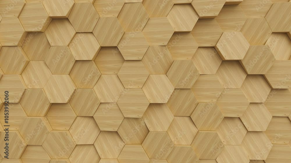 Poster abstract moving wooden hexagonal structure. bee hive grid blocks. 3d render animation loop
