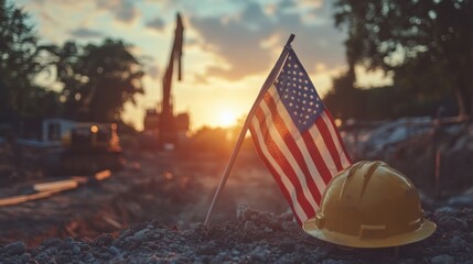 American Flag and Helmet at Construction Site