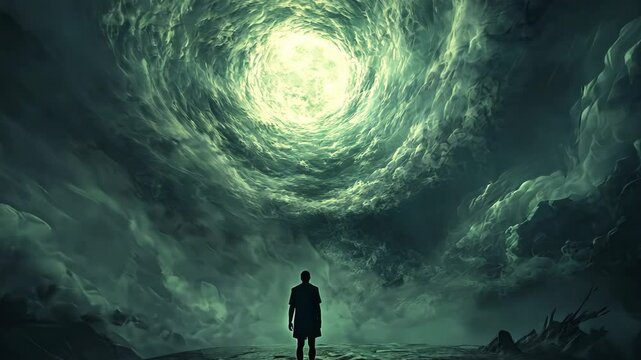 A lone figure stands in a desolate landscape, gazing upwards towards a swirling vortex of clouds
