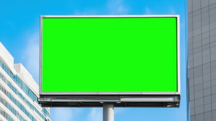 A blank green screen billboard stands in an urban setting against a clear blue sky, ready for advertisement or display.