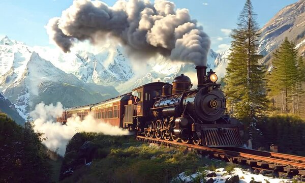 A vintage steam train travels through a beautiful mountainous landscape.