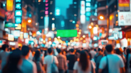Obraz premium A vibrant, bustling city street scene with crowds and colorful neon signs glowing in the evening light, creating an energetic urban atmosphere.