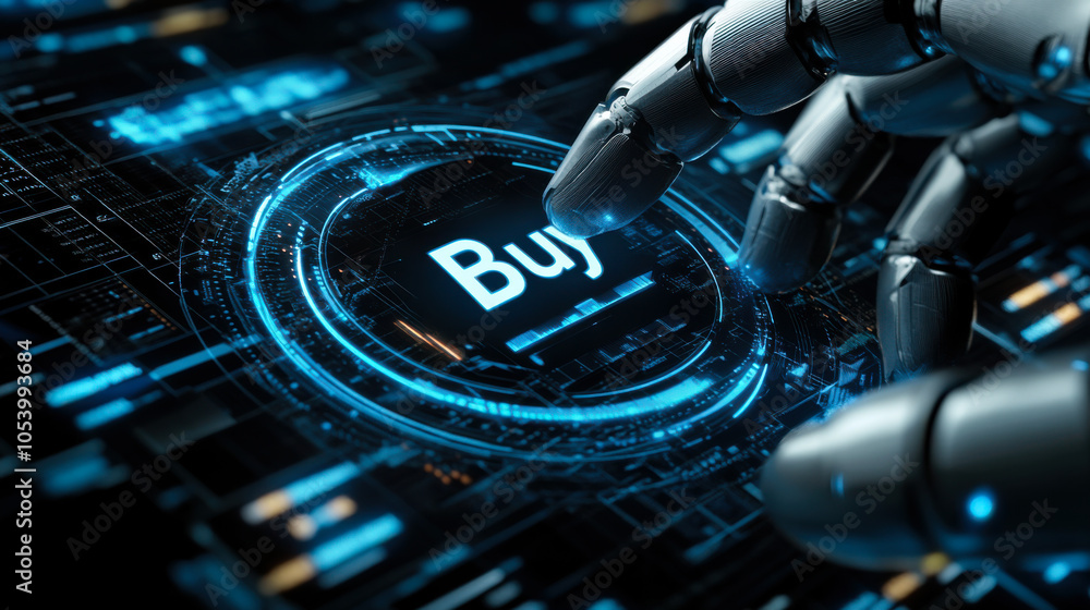 Poster a robotic hand poised over a glowing buy button on a futuristic digital interface signifying online 