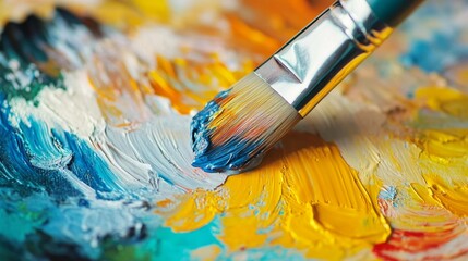 Obraz premium A close-up of a paintbrush blending vibrant colors on a palette. Creativity concepts