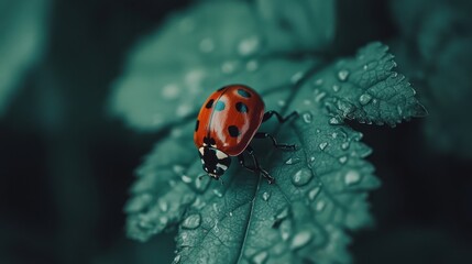Obraz premium Red ladybug on a green leaf, vibrant close-up highlighting its delicate details and colors.