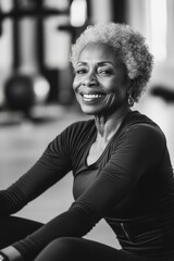 Woman with gray hair is smiling and sitting on the floor. She is wearing a black shirt and black pants