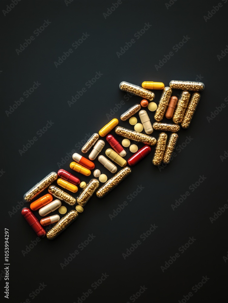 Poster bunch of pills are arranged in a line, with some of them being orange and others being yellow. the p