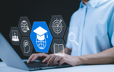 E-learning and online education technology concepts. digital interface with icons related to online...