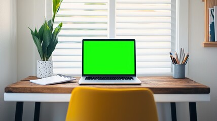 A modern desk setup featuring a green screen-screen laptop, yellow chair, potted plant, and stationery, creating a bright and inviting workspace.