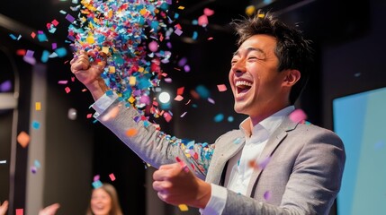 A startup founder cheering with a confetti blast during pitch competition success