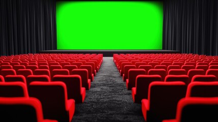 Obraz premium A vibrant cinema hall featuring red seats and a bright green screen, empty and ready for an upcoming show.