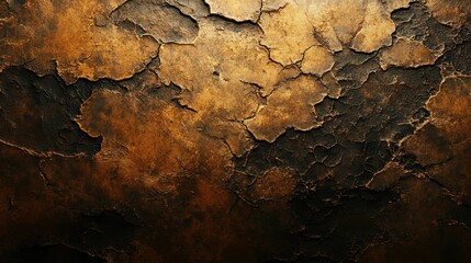 Fototapeta premium Richly textured cracked surface with golden hues and dark undertones illuminated by soft light