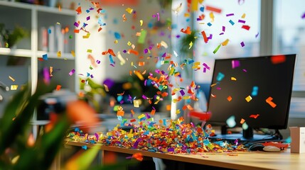 An office setting filled with colorful confetti after achieving sales targets