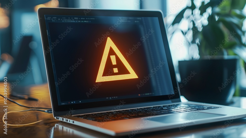 Poster laptop with warning sign indicates system hack threat detection. cyber attack