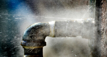 Broken Pipe With Leak Spraying Water Drops into the Air Major Problem
