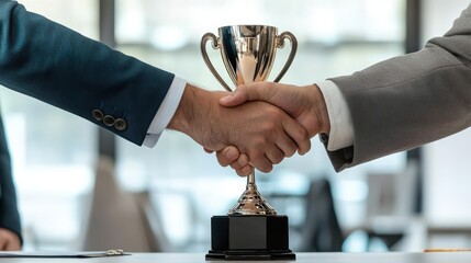 Handshake celebrating success with a trophy in a professional setup.