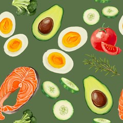 Healthy food avocado, boiled egg, salmon, broccoli, tomato, cucumber and sourdough bread, seamless pattern restaurant