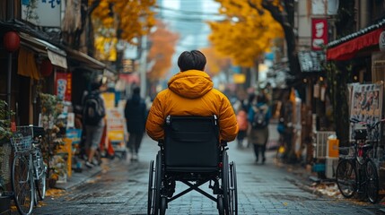Obraz premium A wheelchair user explores a vibrant cultural street lined with autumn trees during the day