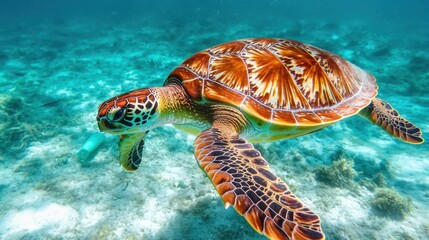 Obraz premium Sea turtle swimming in ocean, with plastic waste around, showing environmental impact on marine life.