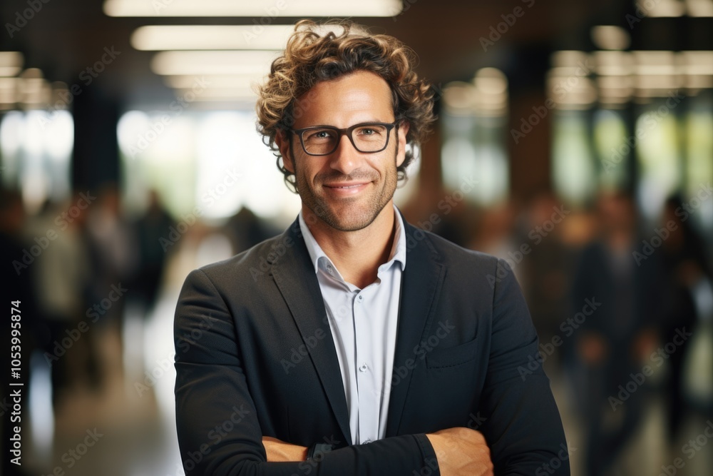Poster man in a suit and glasses is smiling and posing for a photo. the image has a professional and confid