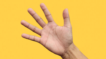Man's hand showing five fingers raised up on yellow background, signaling the count of five.