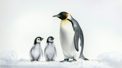 Obraz premium Soft watercolor illustration of penguin family on ice, with calm colors and delicate brushstrokes.