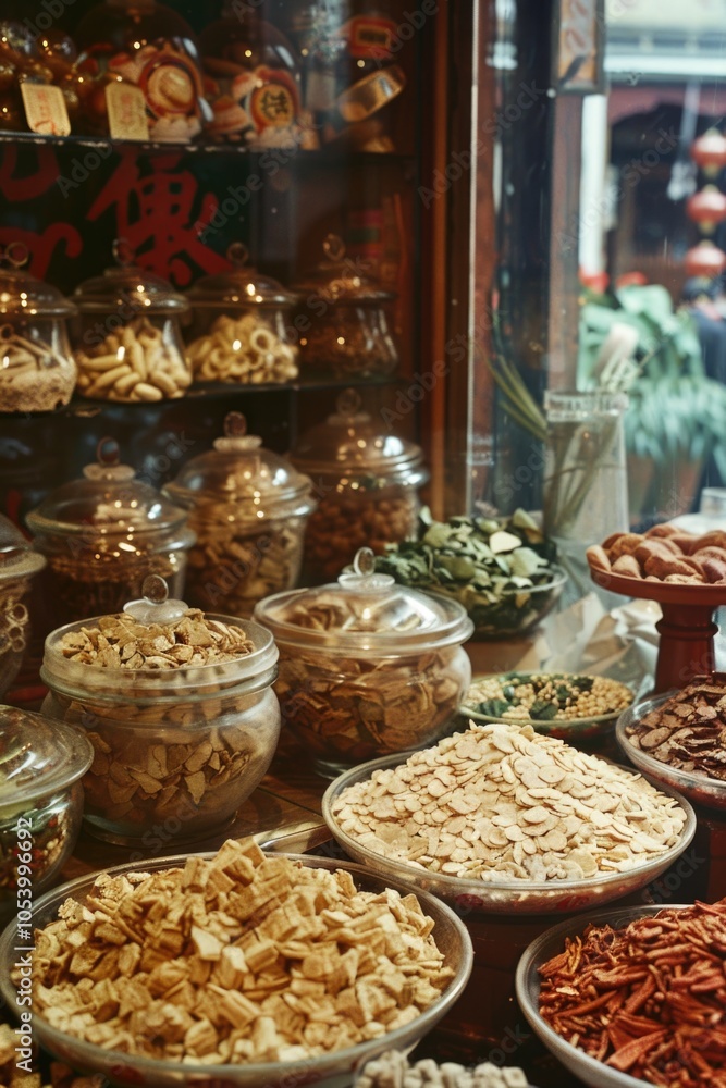 Poster variety of spices are displayed in glass jars on a table. the jars are arranged in different sizes a