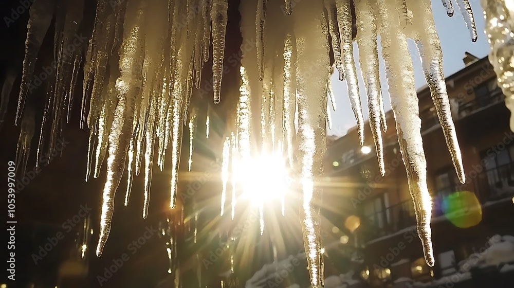 Poster sunlight shining through icicles, creating a sparkling winter scene.