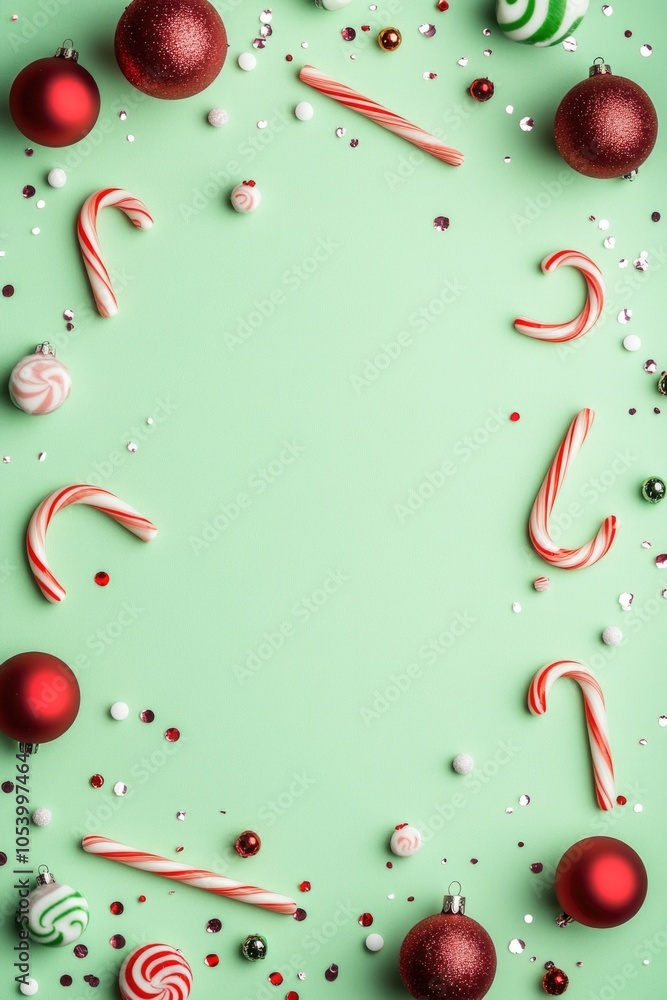 Aufkleber green background with a frame of candy canes and red and green balls. the candy canes are arranged i