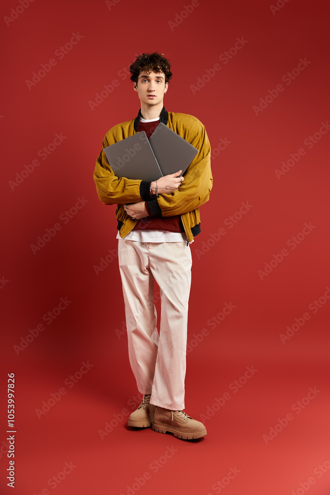 Wall mural a handsome young man stands poised, cradling two laptops in his arms, dressed in a trendy yellow jac