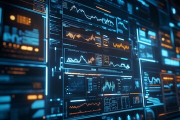 Obraz premium Dynamic data visualization panels glowing in a tech-savvy environment. Generative AI
