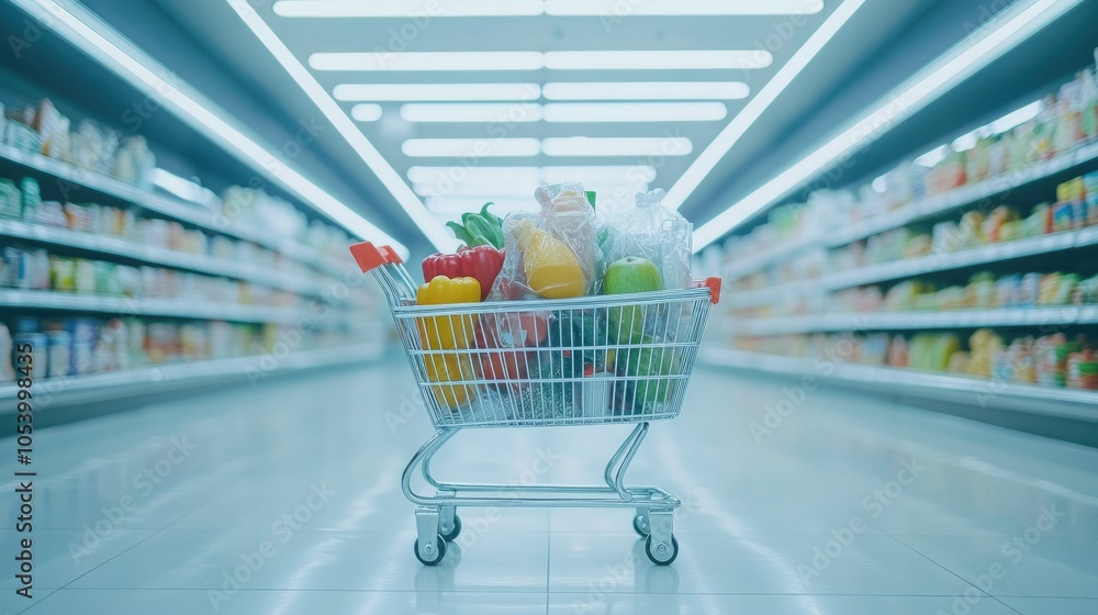 Poster a shopping cart filled with groceries, isolated in the middle of an empty aisle with copy space.