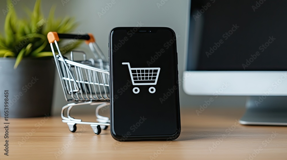 Poster a smartphone on a desk with a shopping cart icon displayed on the screen, and copy space available