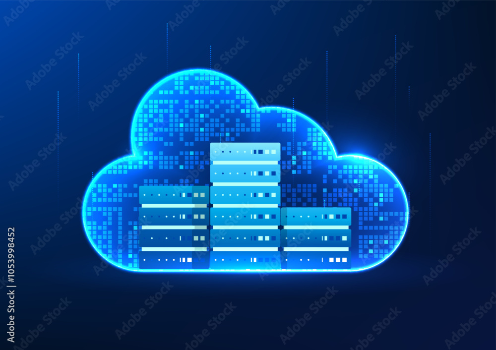 Poster cloud technology connected to servers shows the connection of storage space to servers, which can be