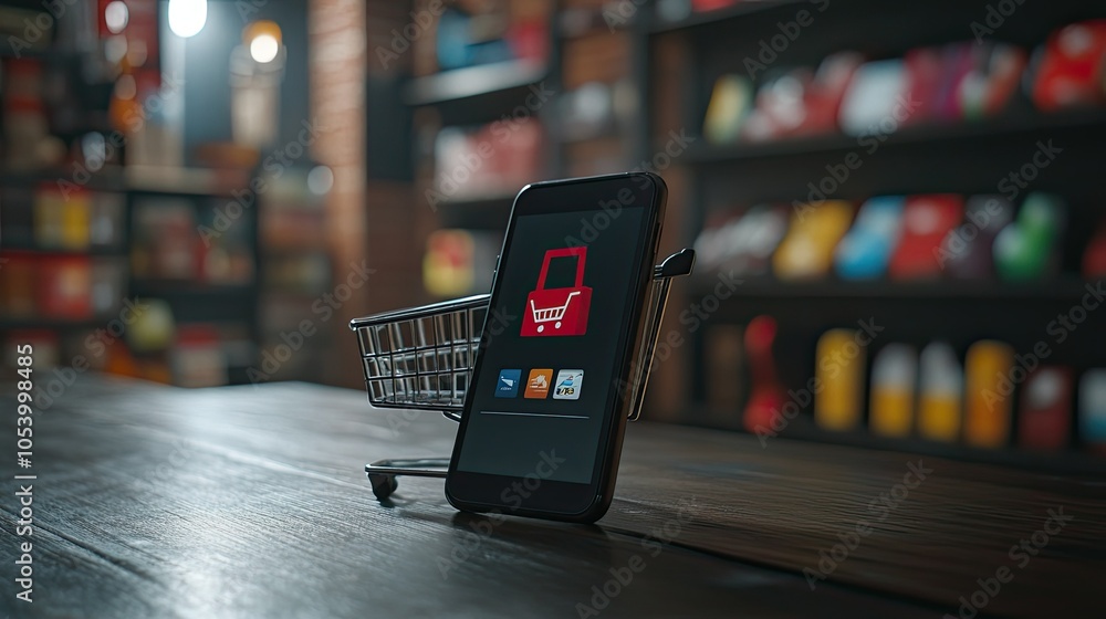 Poster a smartphone on a desk with a shopping cart icon displayed on the screen, and copy space available