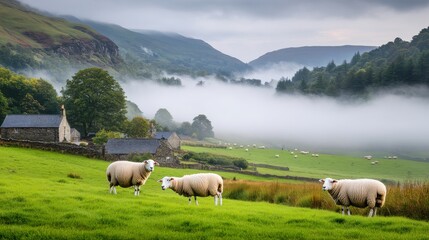 Obraz premium Fog Rolling Over Hills with Sheep in Countryside