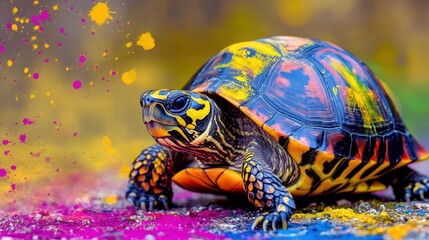 Obraz premium Tropical turtle with vibrant paint splatters on shell, blending artistic style with natural habitat.